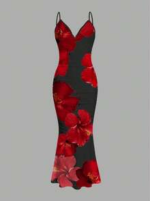 Slaydiva Women's Sexy Beach Vacation Floral Print Lace Trim Mermaid Hem Fitted Dress, Summer - Multicolor - View 4