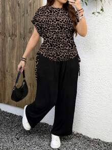 EMERY ROSE Conjunto informal de 2 piezas con estampado de leopardo y color contrastante para mujer talla grande, adecuado para todas las estaciones, vacaciones de verano - Multicolor - Ver 1