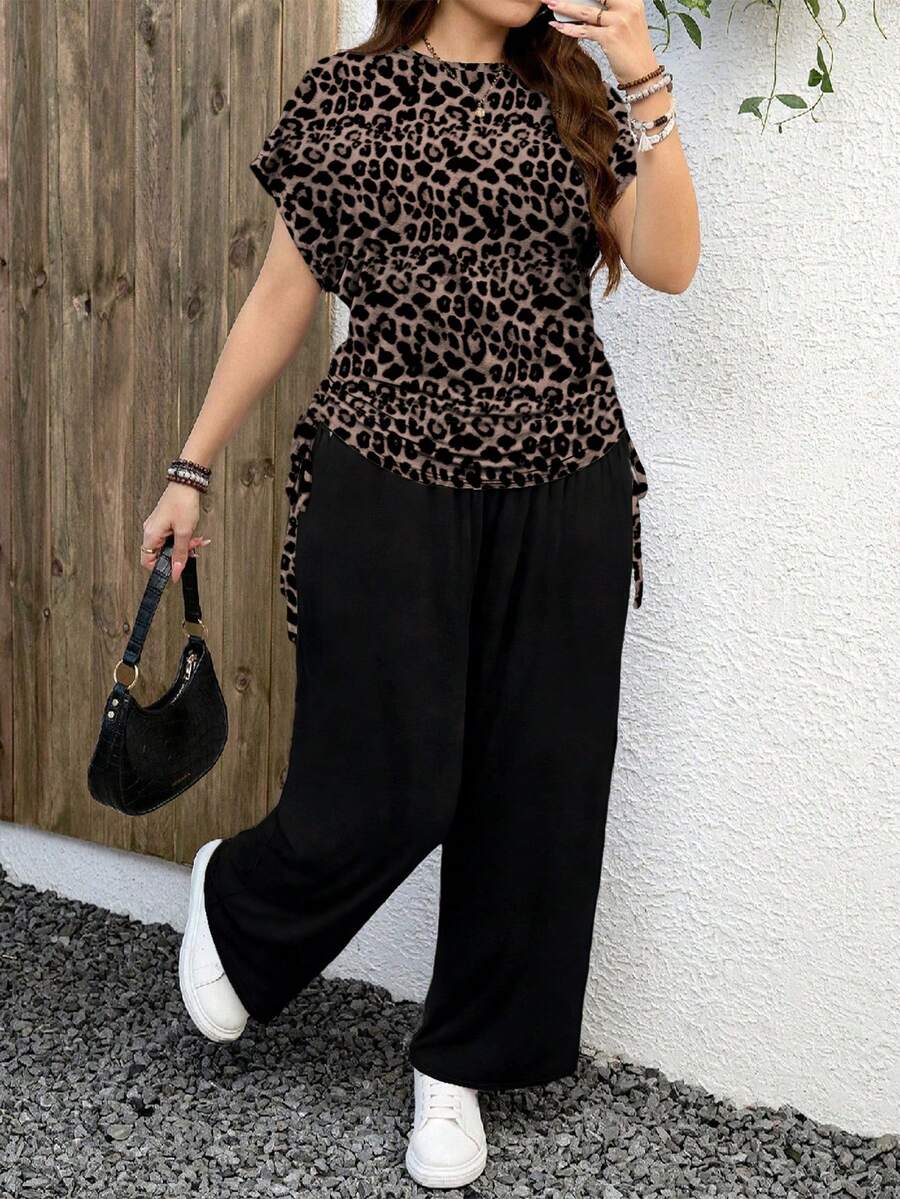 EMERY ROSE Conjunto informal de 2 piezas con estampado de leopardo y color contrastante para mujer talla grande, adecuado para todas las estaciones, vacaciones de verano - Multicolor - Ver 1
