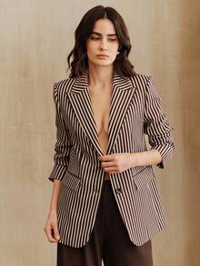 Anewsta Vintage Striped Print Lapel Long Sleeve Women's Blazer Jacket, Urban Chic - Brown - View 4