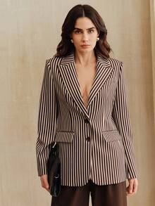 Anewsta Vintage Striped Print Lapel Long Sleeve Women's Blazer Jacket, Urban Chic - Brown - View 5