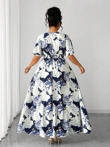 Elenzga Plus Size Women V-Neck Navy Blue & White Floral Print Ruffle Sleeve Summer Elegant Wedding Guest Casual Maxi Wrap Dress For Parties,Graduation,Dates - Navy Blue - View 2