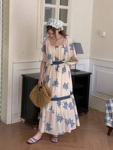 DAZY 少女印花方领荷叶袖撞色蕾丝收腰度假沙滩连衣裙，夏季