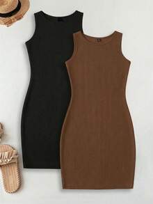 SHEIN LUNE 2pcs Women's Casual Round Neck Bodycon Mini Dress Set - Multicolor - View 5