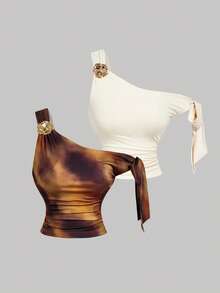 SHEIN MOD 女士两件套：不对称装饰纽扣修身花卉蝴蝶结上衣，春夏假日，情人节，波西米亚风，复古风，外出上衣，度假，复古风，外出，假日服装，沙滩装，优雅派对装，度假装，度假，波西米亚风，优雅派对装，婚礼宾客装，度假装，下午茶派对装 - 彩色 - 查看 10