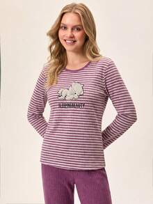 Loomlin 100%纯棉条纹卡通图案睡衣套装 - 紫色 - 查看 5