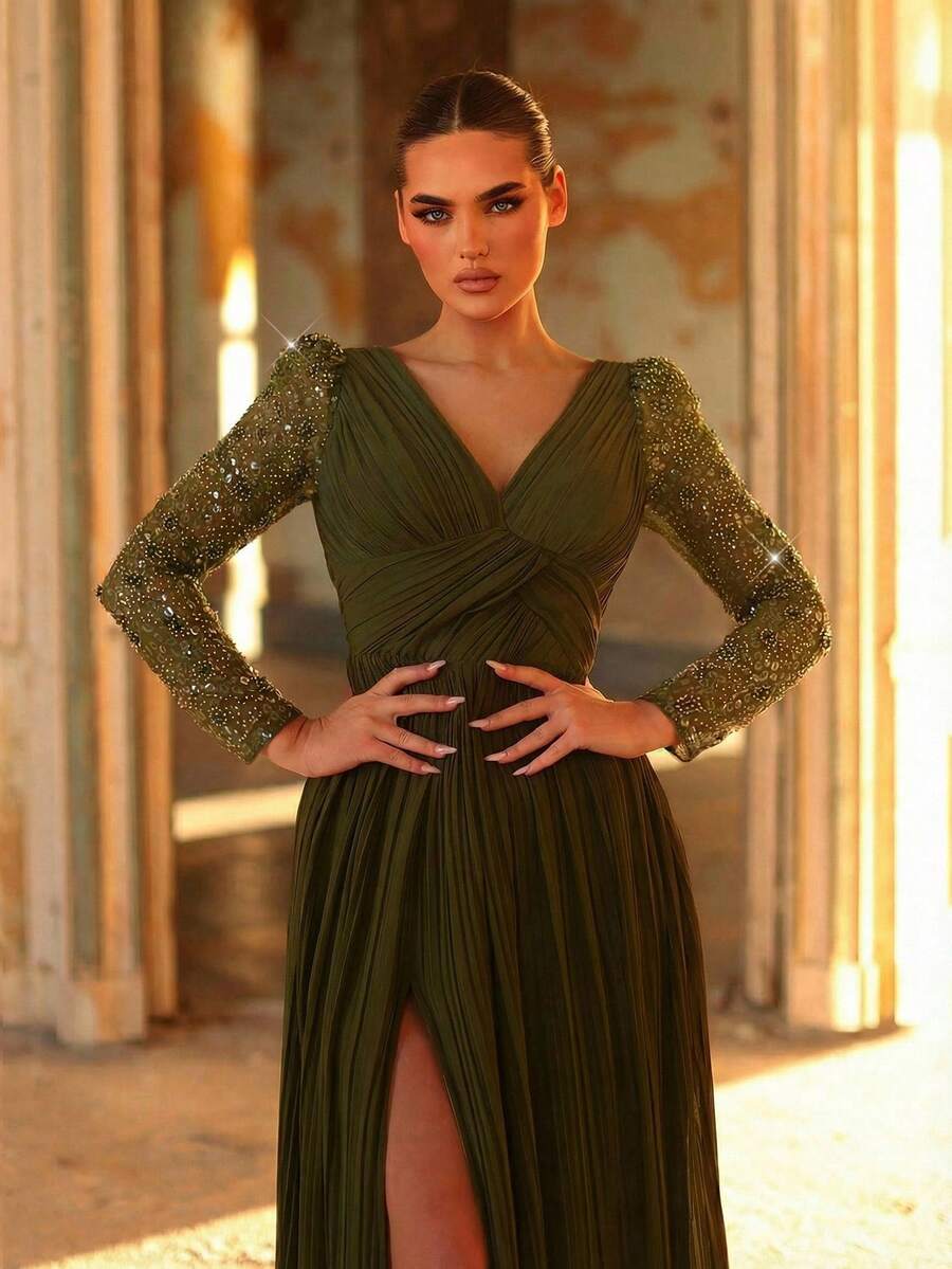 Aureia 优雅奢华军绿色亮片刺绣褶皱雪纺V领宽肩透视长袖A字开衩女士正式晚礼服