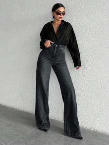 ZIRRA 女式高腰口袋休闲喇叭牛仔裤，百搭 - 黑色 - 查看 3