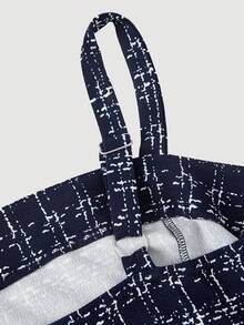 SHEIN MOD Plus Size Black & White Plaid Knit Suspender Pants, Retro College Style - Navy Blue - View 3