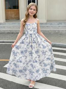 SHEIN 少女碎花无袖中长连衣裙 - 藍白色 - 查看 5