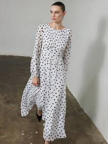 Aveloria Modichic 优雅甜美褶皱雪纺波点印花长袖连衣裙/随机印花 - 黑與白 - 查看 3