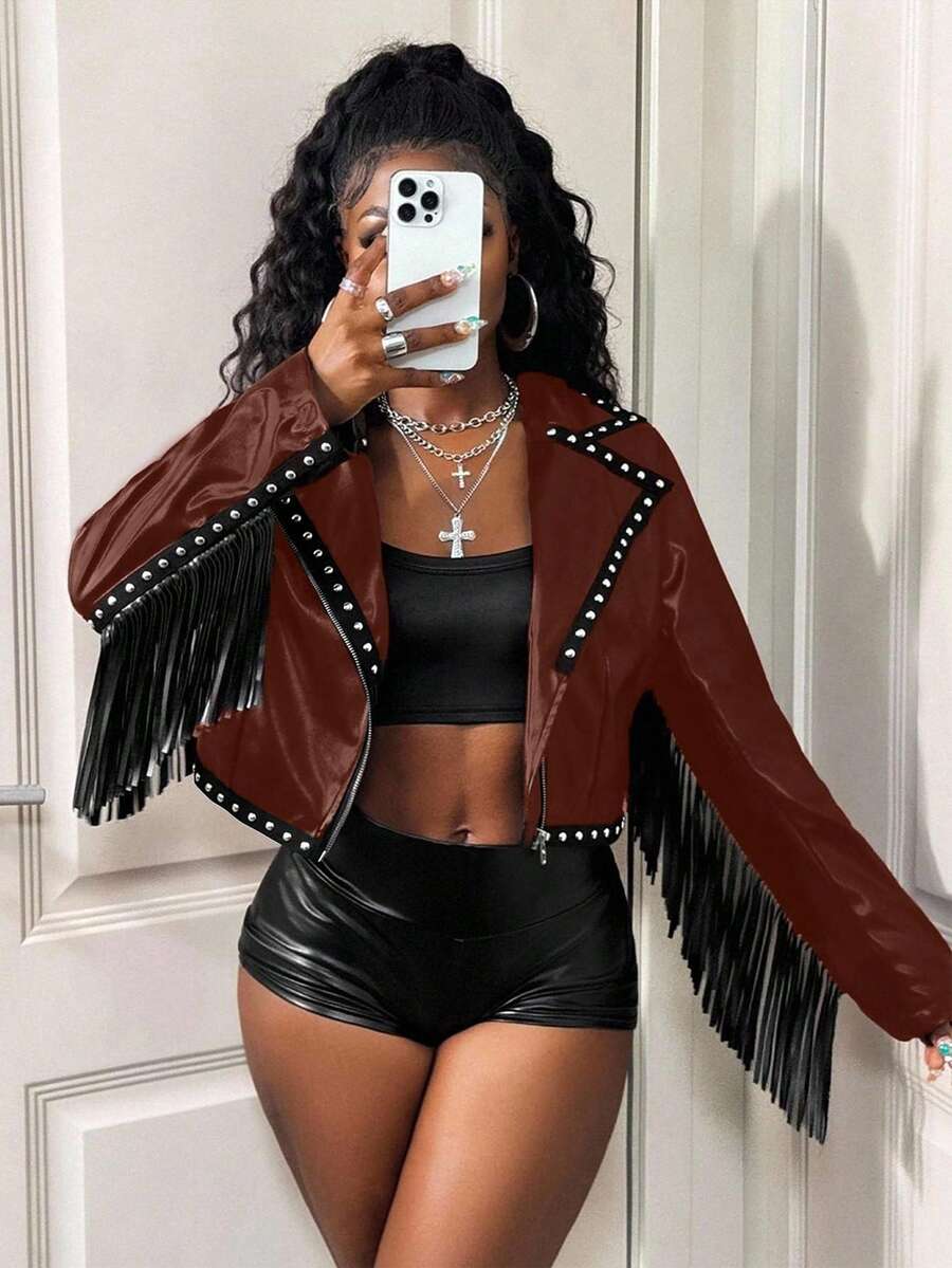 SHEIN BamGlam 时尚短袖流苏装饰朋克串珠PU流苏外套 - 棕色 - 查看 1