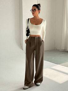 FavEase 女士高级优雅修身休闲阔腿裤 - 棕色 - 查看 5