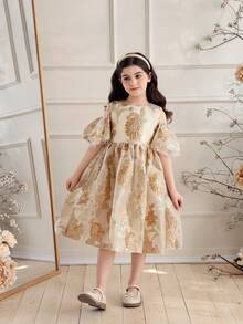 Glamorique Kids Girls Gold Party Dress,White,Summer,Elegant,Sequin,Wedding,Round Neck Flounce Sleeves Jacquard Floral Pattern Organza Midi Princess Luxury Performance - Gold - View 7
