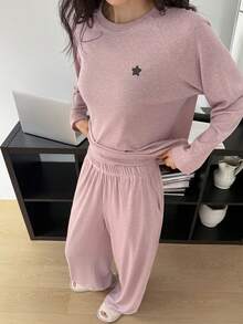 DAZY 简约星形印花插肩袖宽松针织女式睡衣套装 - 紫色 - 查看 1