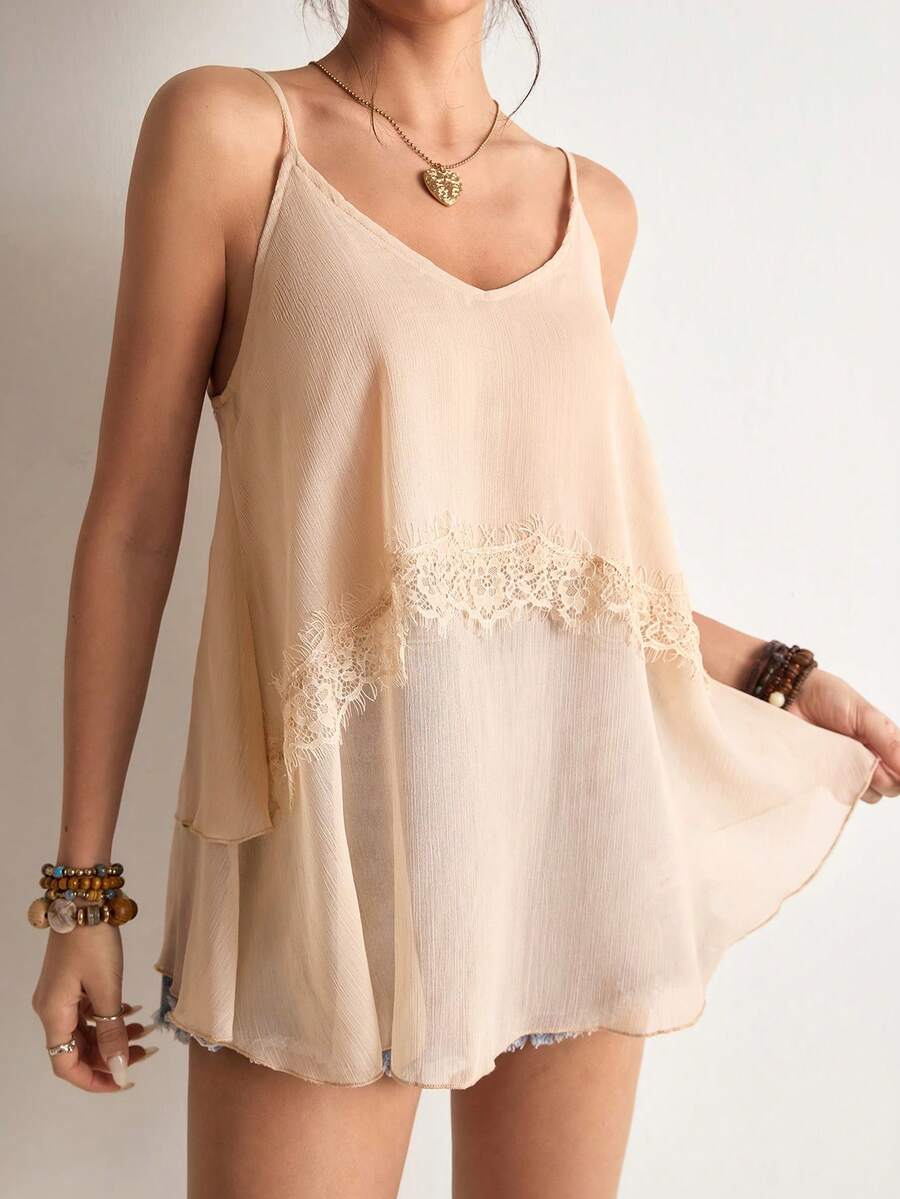 Freevana 波西米亚风V领吊带蕾丝拼接宽松雪纺上衣，轻盈飘逸，休闲百搭，杏色 - 杏色 - 查看 1