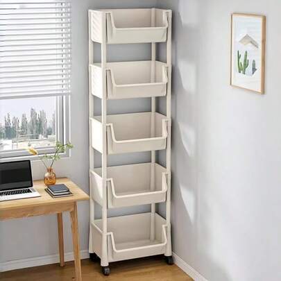 4/5层滚动储物推车，实用塑料滚动储物手推车，5层设计，带轮可移动储物架，360度旋转，功能齐全，可作书车、储物柜、装饰品、礼品收纳，适合返校季、父亲节等场合。适用于浴室、客厅、厨房，可存放餐具和其他储物盒——室内多层储物架，可移动储物推车 | 现代储物 | 开放式置物架设计，滚动储物推车