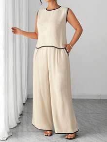 Elenzga Damen Große Größen Sommer Neu Beige Kontrastbesatz Ärmellos Rückenfreie Krawatte Weste und Weite Bein Hose Lässig Komfortabel Minimalistisch Zweiteiler. Geeignet für Alltag Lässig, Pendeln, Urlaub/Ausflug, Zuhause, Dating - Aprikosenfarben - Übersicht 11