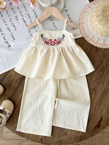 LMoss Kids 女婴花卉刺绣吊带娃娃衫和阔腿裤套装，休闲假日风 - 米色 - 查看 6