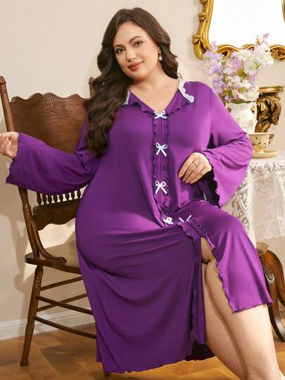 Plus Size Women Elegant French Romantic Contrast Color Lace Patchwork Bow Decor Loose Long Nightgown Plus Size Night Gowns For Women Plus Size Night Wear Plus Size Pajama Dress Curve Plus Night Gown Plus Size Sleepwear