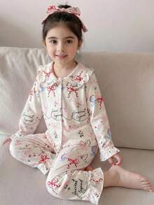 2pcs Baby Girls Cute Rabbit Bow Floral Print Doll Collar Ruffle Trim Long Sleeve Top And Pants Homewear Set - Apricot - View 1