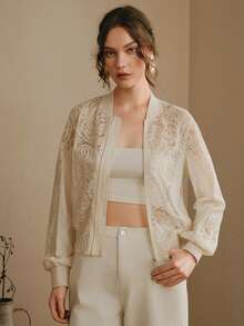 Anewsta 高品质法式复古优雅镂空蕾丝拼接棒球夹克，透视镂空拉链短款外套，通勤休闲百搭小众设计上衣 - 杏色 - 查看 5