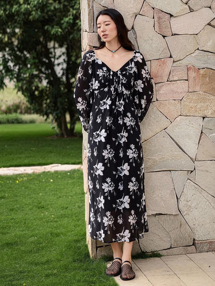 Floral Print Long Sleeve Loose Dress With Bow Tie, Suitable For Spring/Summer Vacation Dress Boho