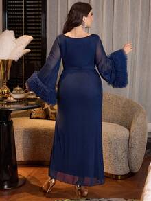 Modelyn Elegant Solid Color Mesh Flared Sleeve Waist Ruched A-Line Plus Size Dress, Suitable For Spring And Autumn - Navy Blue - View 3