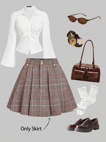 SHEIN MOD Elegant kakifärgad dubbelknäppt kjol med hög midja, lämplig för pendling och kontor, vintagestil