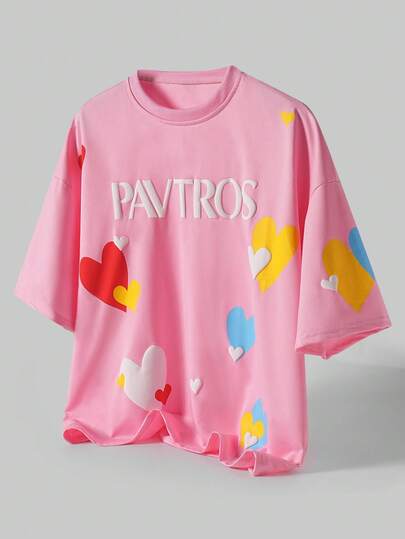 TOKVUE Fashionable 3D Heart Pattern T-Shirt, Pavtros Brand, Streetwear, Suitable For Daily Wear, Valentine's Day Gift, Home, Outdoor Music Festival, Casual Outings, Gatherings With Friends, Gifts For Kids, Boyfriend/Husband, Anniversary