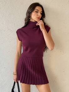 SHEIN Tall Autumn/Winter New High Collar Knit Top + Knitted Blend Midi Skirt 2 Pieces Set For Women Christmas Red Burgundy - Red - View 1