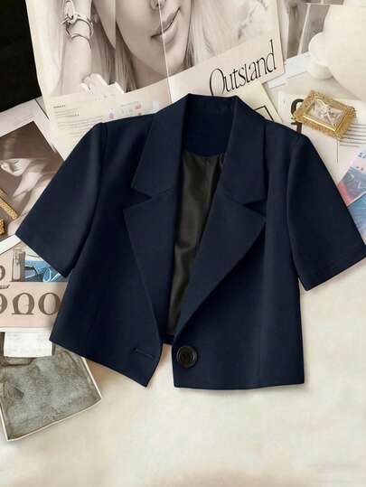 Franclia Marynarka damska z krótkim rękawem i kołnierzem z klapami w jednolitym kolorze, odzież codzienna i biurowa