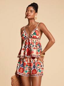 Travachic 女士印花系带流苏吊带背心和短裤两件套，春夏度假装，沙滩装，夏季装，休闲装，女士休闲套装 - 彩色 - 查看 6