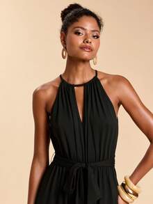 Travachic 女士纯色针织露肩连体裤，春夏款 - 黑色 - 查看 3