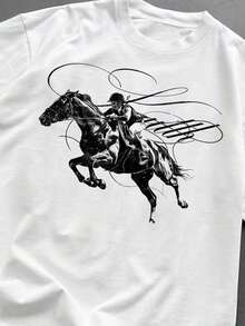 Manfinity Dauomo Camiseta de manga corta casual y holgada con cuello redondo y estampado de caballero - Blanco - Ver 3