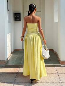 Muchica Women's New Cream Yellow Textured Knit Dress, Summer ,Summer Dress - Pale Yellow - View 2