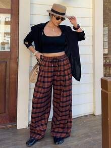 Dazy Plus 大码女式格子松紧腰抽绳宽松直筒休闲裤，街头风 - 亮橙色 - 查看 5