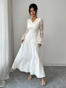Modelyn Women's Apricot Woven Contrast Lace Elegant Cocktail Party Dress French Style Dress Elegant White Dress Lace Maxi Dress - Apricot - View 6