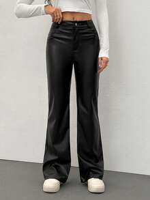 SHEIN Tall Women Solid Zipper Fly PU Flare Leg Pants - Black - View 5
