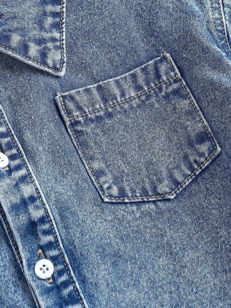 2Pcs Tween Girls Fashion Casual Y2k Vintage Cool Street Blue Asymmetrical Design Short-Sleeved Denim Shirt And Loose Comfortable And Simple Pleated Denim Skirt Set Of Two Pieces For Kids Clothes Tween Girls Dailywear And Kids Spring To Summer Rave Outfits Festival And Outfits Streetwear Clothes - Blue - View 7