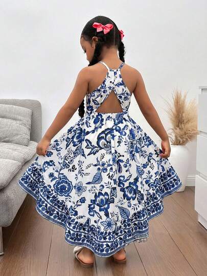 Young Girl Elegant Minimalist Halter Floral Print Sleeveless Dress