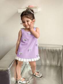 Cute & Elegant Baby Girl Summer Dress,White Colorblock Bow Tie Decor Purple Lavender Lilac Birthday Dress,Spaghetti Strap Birthday Outfit For Baby - Purple - View 12