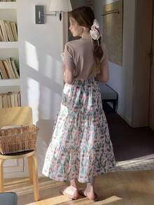 DAZY Teen Girl Solid Color Round Neck Short Sleeve T-Shirt And Floral Print Ruffle Hem Mini Skirt Set Spring Summer - Khaki - View 3