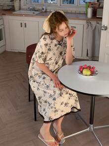 DAZY 少女碎花荷叶边纹理夏季睡裙