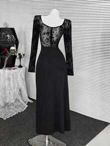 Coolane Trang phục biểu diễn Goth Y2K cho nữ mọi mùa Trang phục rave Lễ hội Rave Trang phục câu lạc bộ Renaissance Fair Trang phục dự tiệc Lưới đen Cổ vuông dài - màu đen - Xem 6