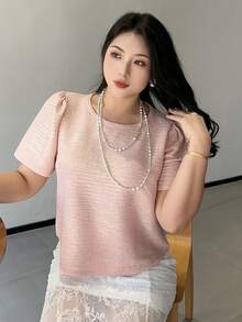 Dazy Plus Pink Elegant Cropped Shirt With Round Neck Short Sleeve - Pink - View 4