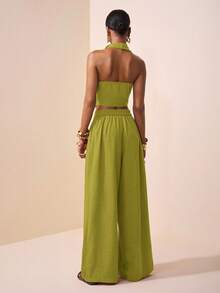 Zivah 春夏新款音乐节、复活节、圣帕特里克节、西部风、游牧风、生日派对、毕业典礼、学院风、学生装、日常休闲、百搭单品、休闲、邮轮旅行、海滩、日光浴、爆款、街头风、婚礼宾客波西米亚风、通勤、早午餐、机场穿搭 - 棕色纹理面料不对称打结尖头上衣，喇叭领上衣和阔腿裤，两件套阔腿连体裤，优雅连体裤，女士连体裤，吊带连体裤 - 橄欖綠 - 查看 2