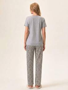 Loomlin 100%Cotton 2pcs/Set Women Cotton Animal Print Detail Homewear Pajama Set - Light Grey - View 2