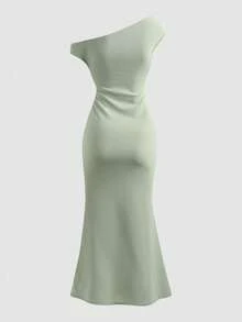 SHEIN Girlism 优雅派对纯色不对称领鱼尾连衣裙，适合青少年女孩。 - 薄荷綠 - 查看 3