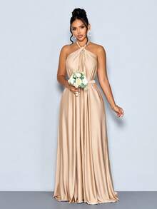SOLERSUN Women's Elegant Apricot Satin Ruched Halter With Belt Maxi Dress,Ruched Flowy Backless Evening Gown For Formal Party Prom Wedding Guest - Khaki - View 5